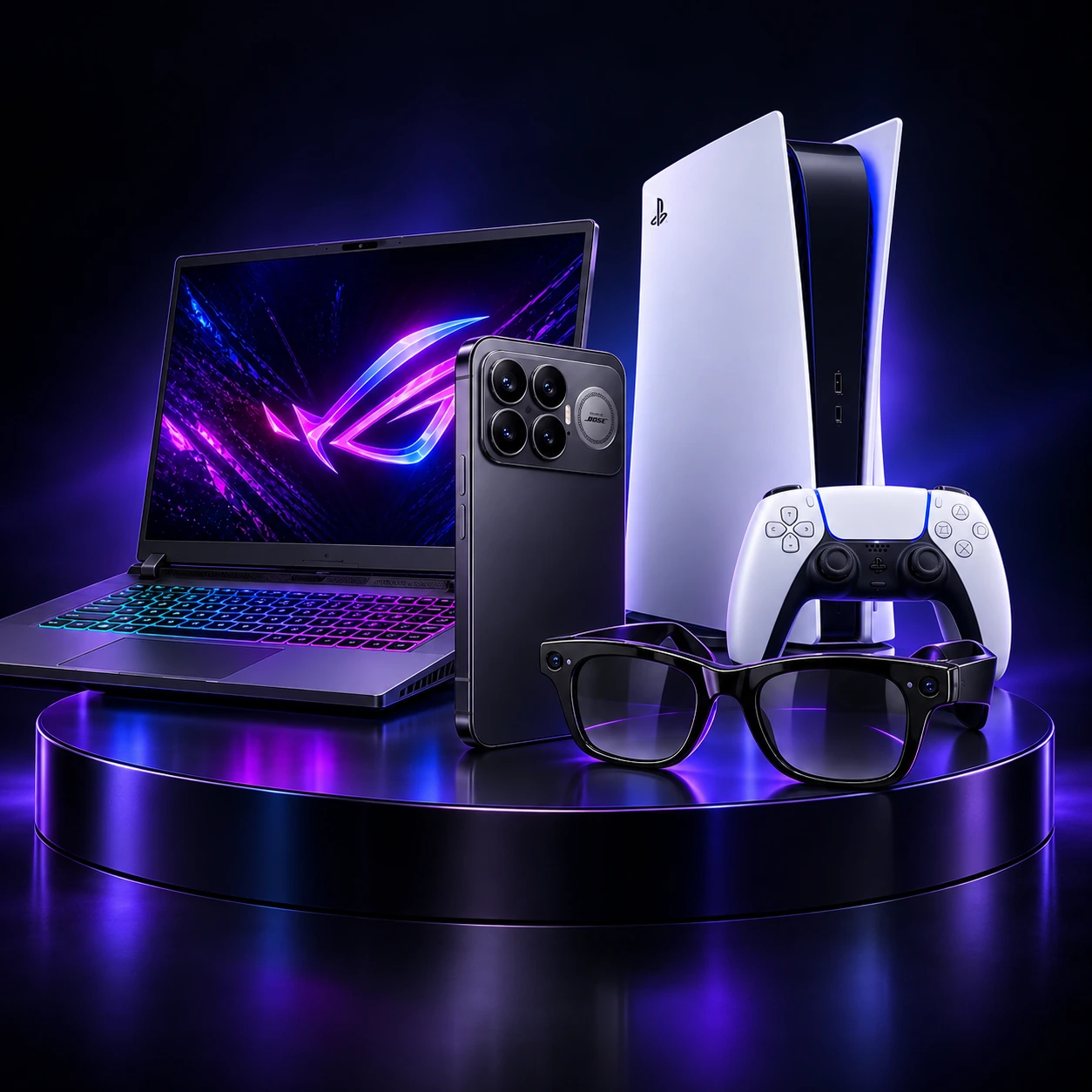 ASUS ROG Strix G16, POCO F8 Ultra, PlayStation 5 con control DualSense y Ray-Ban Meta Gen 2 Wayfarer